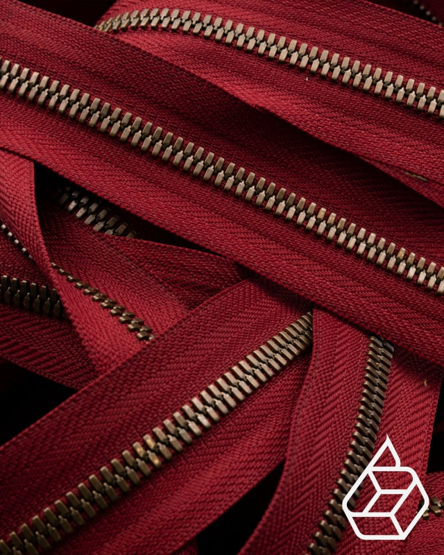 Excella® | Gepolijste Rits Van De Rol Maat #5 Antique Brass Finish Dark Red 520 Ritsen